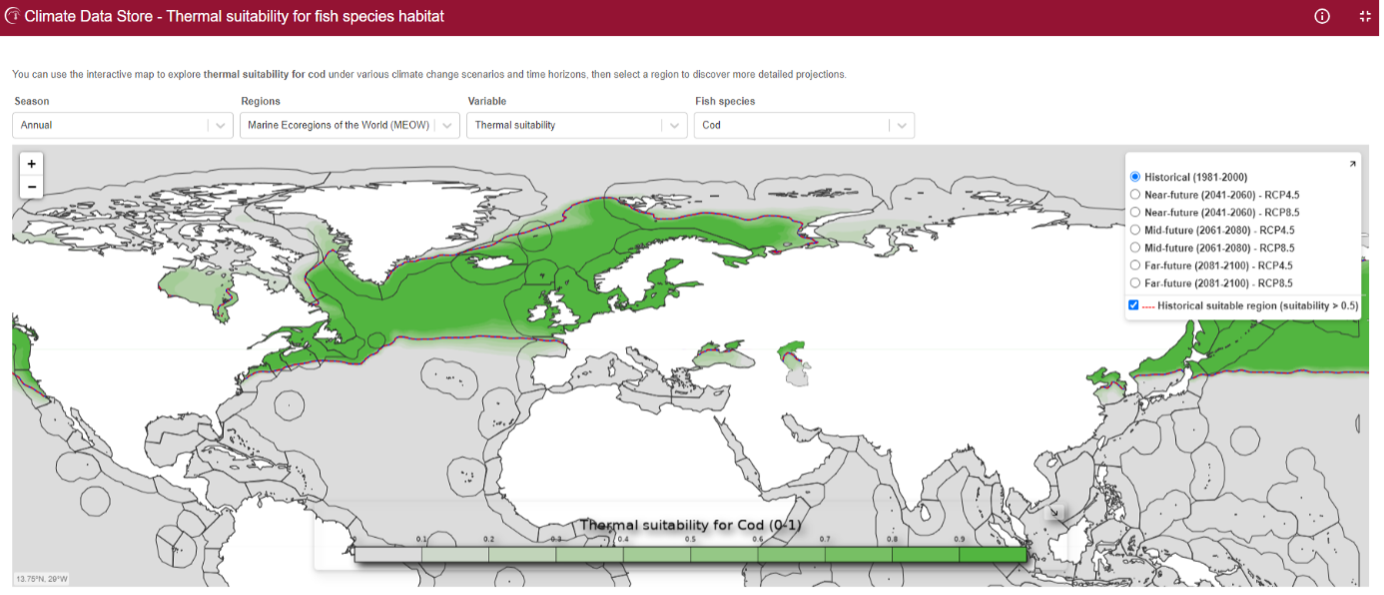 The 'Thermal suitability for fish species habitat' application explores the thermal suitability for selected fish species habitats across the world's oceans and inland seas. Credit: European Commission, Copernicus Climate Change Service